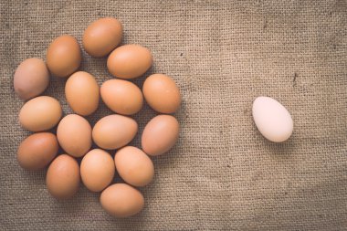 Buruşuk çuval bezi üzerinde yumurta