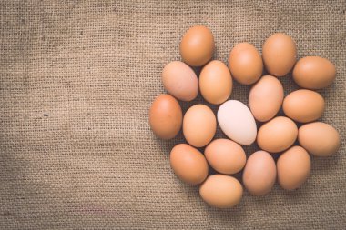 Buruşuk çuval bezi üzerinde yumurta