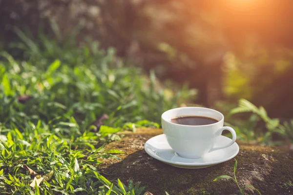 Taza de café blanco en el jardín — Foto de Stock