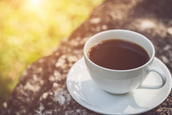 Weiße Kaffeetasse im Garten — Stockfoto