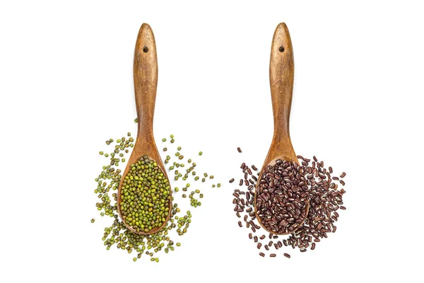 Mung beans and red beans in wooden spoon — Stock Photo, Image