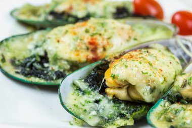 Midye ahşap masa üzerinde peynir altında