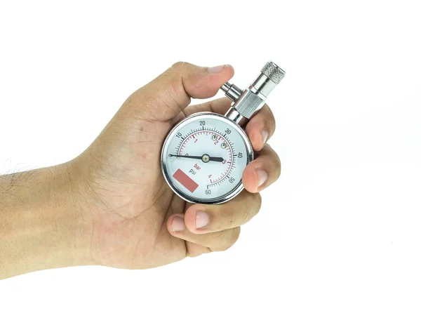 Close-up van de hand met zilveren band manometer geïsoleerd op whi — Stockfoto