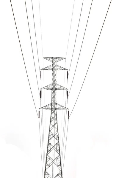 Hoogspanning torens met elektrische leidingen geïsoleerd op wit — Stockfoto