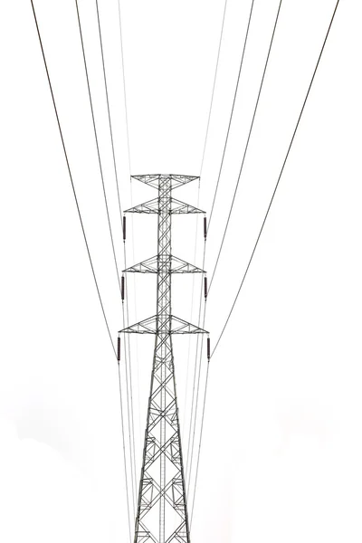 High voltage towers with power lines isolated on white — Stock Photo, Image