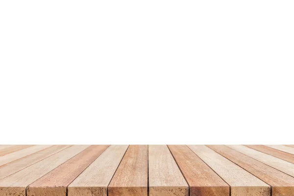 Parte superior vacía de mesa de madera o mostrador aislado sobre fondo blanco — Foto de Stock