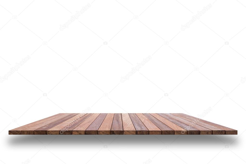 Empty top of wooden shelf or counter isolated on white backgroun