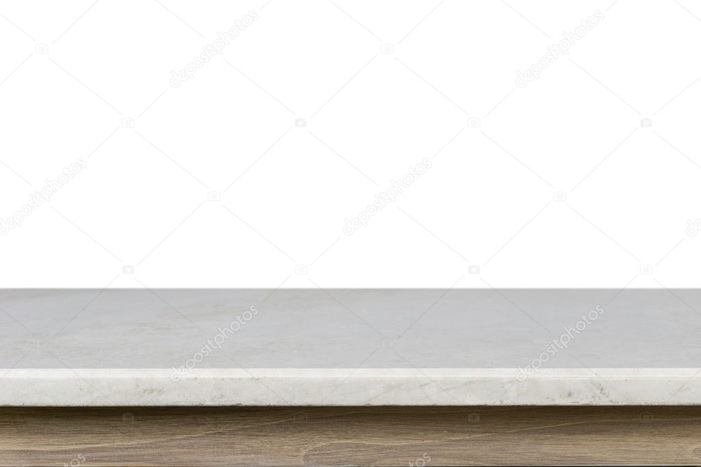 Empty top of white mable stone table isolated on white backgroun
