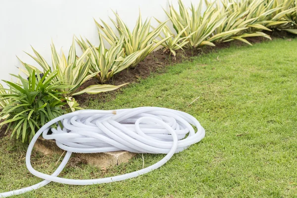 Roll of plastic water hose in the garden — Stock Photo, Image