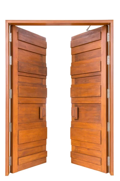 白で隔離の高級ヴィラの大きなチークの木製のドア — ストック写真