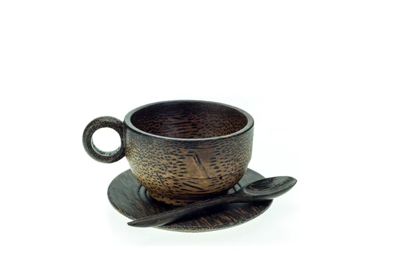 Taza café de madera marrón hecha de madera de palma aislada en ba blanca — Foto de Stock