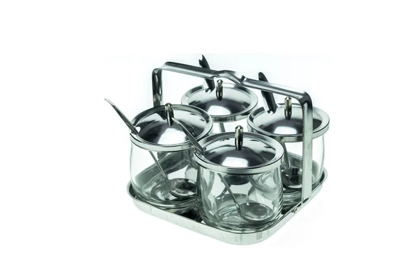 Conjunto de recipiente de vidrio vacío con tapa para condimento alimenticio — Foto de Stock