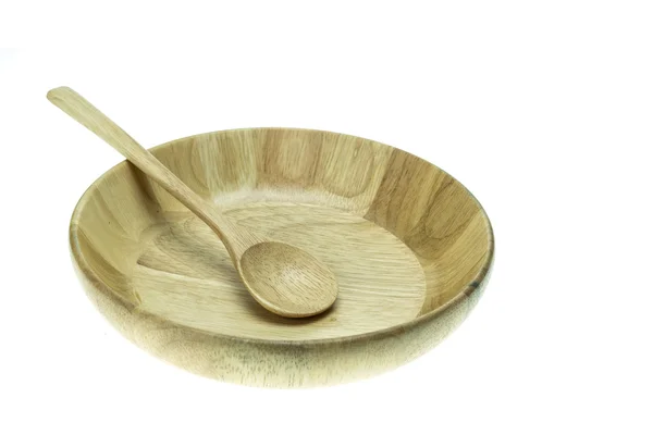 Cuenco de madera vacío y cuchara de sopa aislada sobre fondo blanco — Foto de Stock