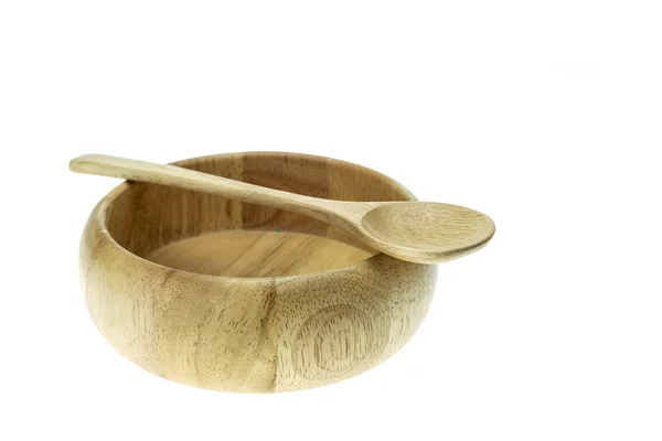 Cuenco de madera vacío y cuchara de sopa aislada sobre fondo blanco — Foto de Stock