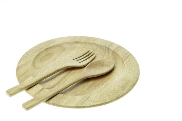 Порожня плоска дерев'яна тарілка, виделка та ложка ізольовані на білому фоні — стокове фото