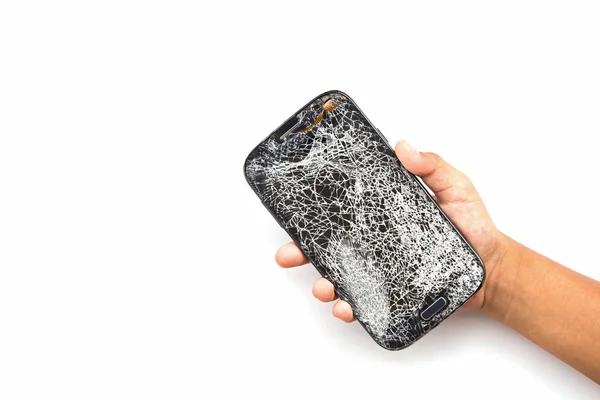 Hand holding broken smart phone isolated on white — Stock Photo, Image