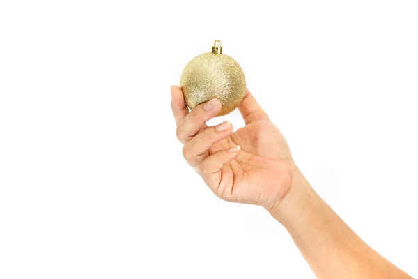 Mano celebración de la bola de Navidad aislado sobre fondo blanco — Foto de Stock