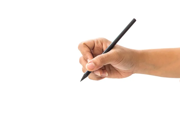 Close up hand of woman holding black pencil isolated on white — Stock Photo, Image