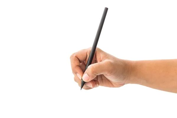 Close up hand of woman holding black pencil isolated on white — Stock Photo, Image