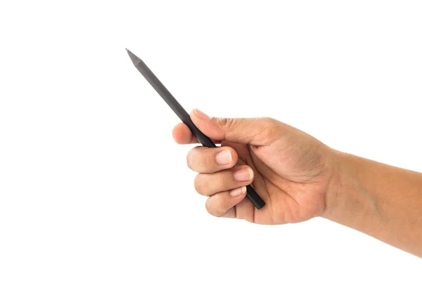 Close up hand of woman holding black pencil isolated on white — Stock Photo, Image