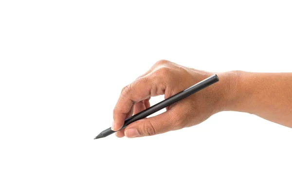 Close up hand of woman holding black pencil isolated on white — Stock Photo, Image