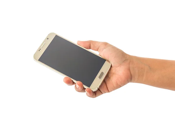 Крупним планом рука жінки тримає смартфон ізольовано на білому — стокове фото