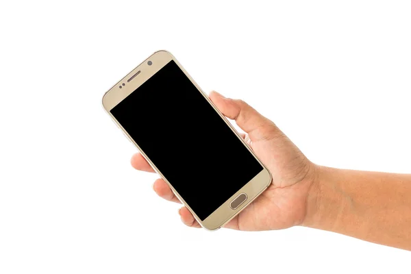 Close up mão de mulher segurando smartphone isolado no branco — Fotografia de Stock