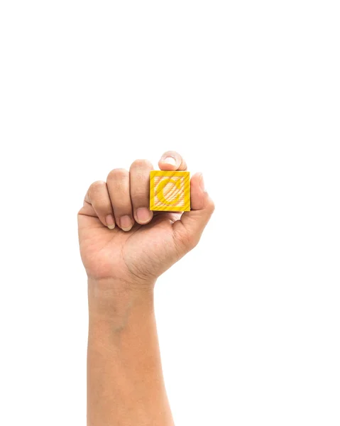 Hand holding colorful alphabet blocks "C" isolated on white back — Stock Photo, Image