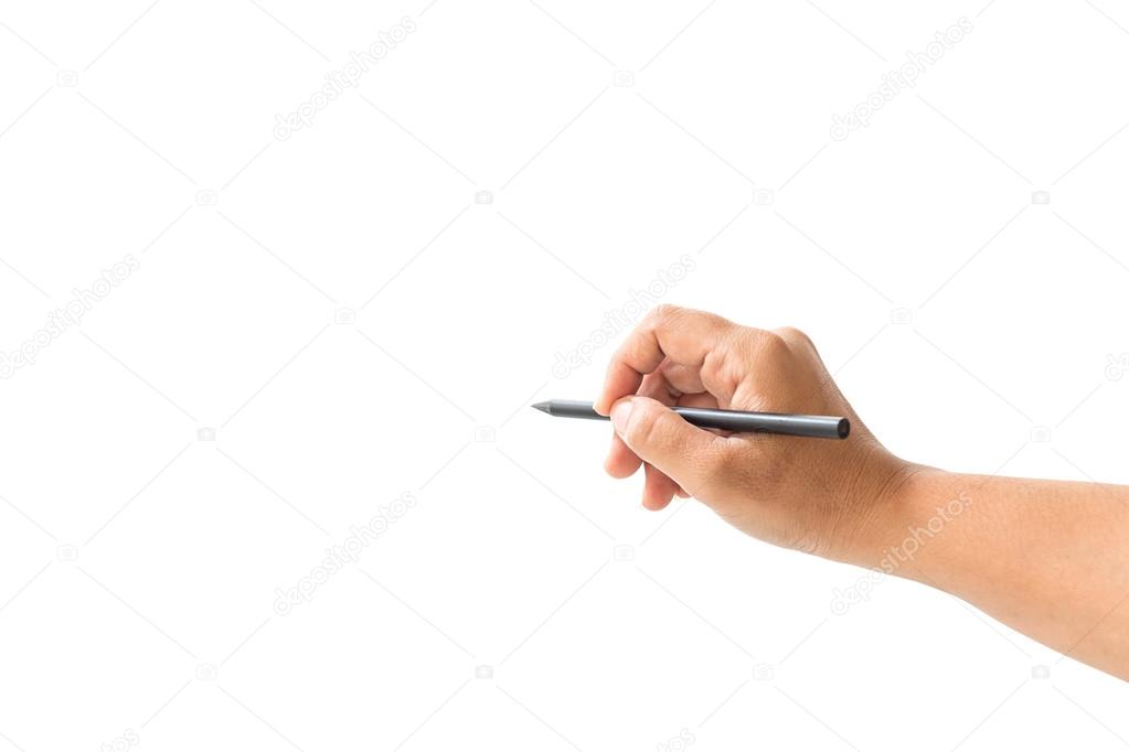 Close up hand of woman holding black pencil isolated on white