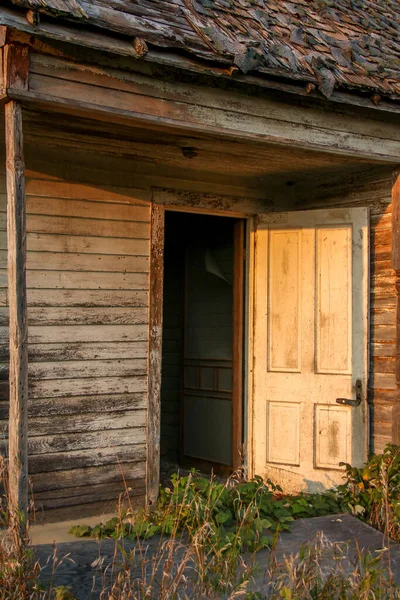 Dörren Till Gamla Ett Rum Skolhus Vid Solnedgången Landsbygden Minnesota — Stockfoto