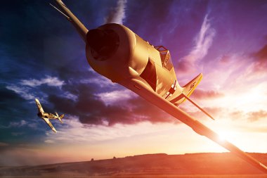 Uçuş sırasında günbatımı iki Focke-Wulfs 190