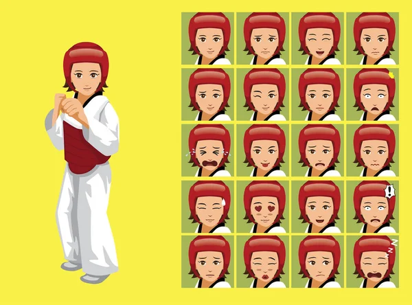 Manga Stijl Taekwondo Vrouw Cartoon Karakter Emoties — Stockvector