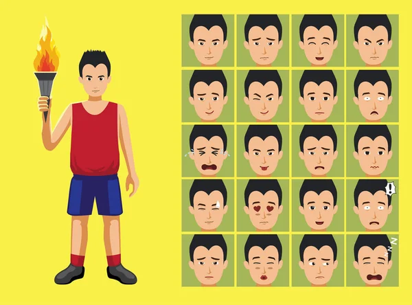 Manga Style Sport Torchbearer Cartoon Character Emotions — Stock Vector