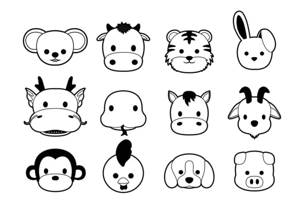 Flat Animal Faces Monochrome Icon Cartoon Китайський Зодіак — стоковий вектор