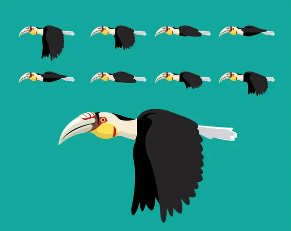 Vettore Cartoni Animati Volanti Hornbill Con Corona Sequenza Animazione Animale — Vettoriale Stock