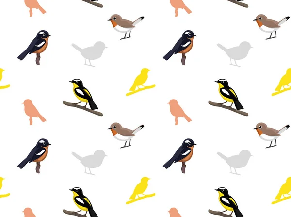 Bird Flycatcher Fondo Pantalla Dibujos Animados Patrón Sin Costura — Vector de stock