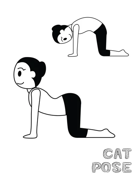 Yoga Cat Pose Cartoon Vector Illustration Monochrome — 스톡 벡터