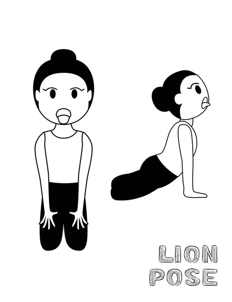 Yoga Lion Pose Cartoon Vector Illustration Monochrome — 스톡 벡터