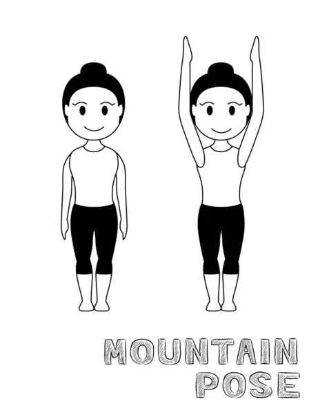 Joga Mountain Pose Cartoon Wektor Ilustracji Monochromatyczne — Wektor stockowy