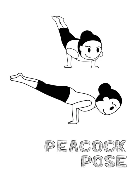 Yoga Peacock Pose Cartoon Vector Illustration Monochrome — 스톡 벡터
