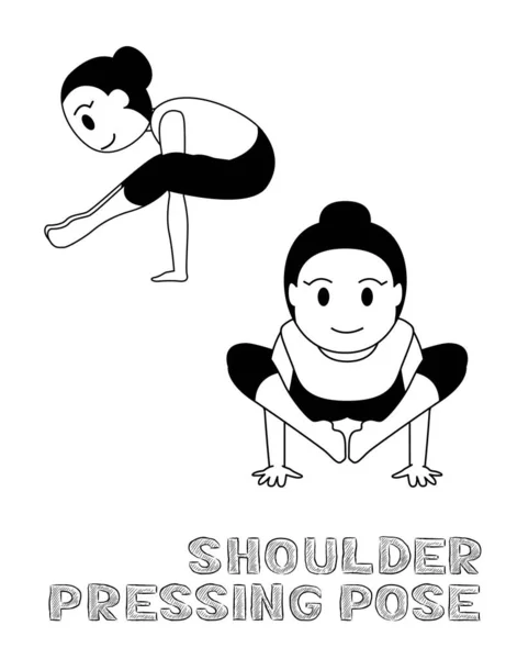 Yoga Shoulder Pressing Pose Cartoon Vector Illustration Monochrome — 스톡 벡터
