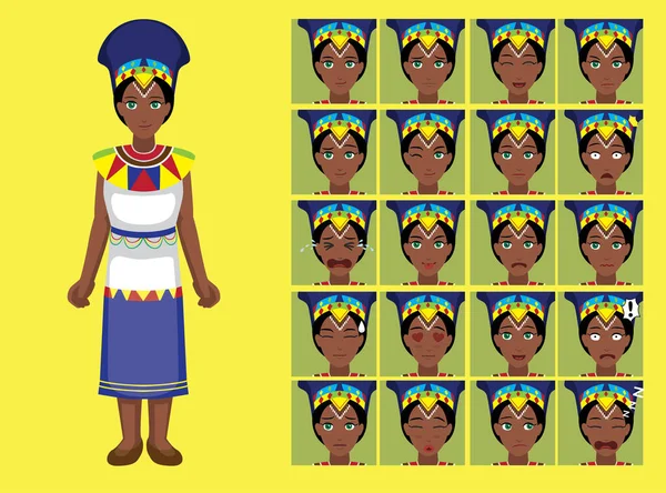 Manga Estilo Tribo Mulher Zulu Desenhos Animados Personagem Emoções — Vetor de Stock