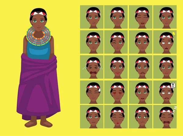 Manga Style Tribe Woman Maasai Cartoon Character Emotions — Stockový vektor
