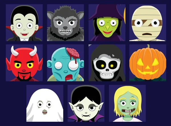 Illustration Vectorielle Avatar Visages Bande Dessinée Halloween — Image vectorielle