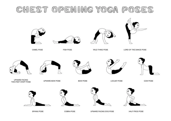 Yoga Chest Opening Poses Vector Illustration Monochrome — Stock Vector