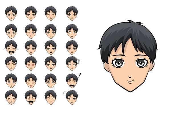 Emotion Manga Anime Boy Black Hair Faces Cartoon Set — 스톡 벡터