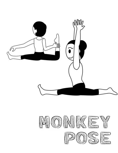 Yoga Monkey Pose Cartoon Vector Illustration Monochrome — 스톡 벡터