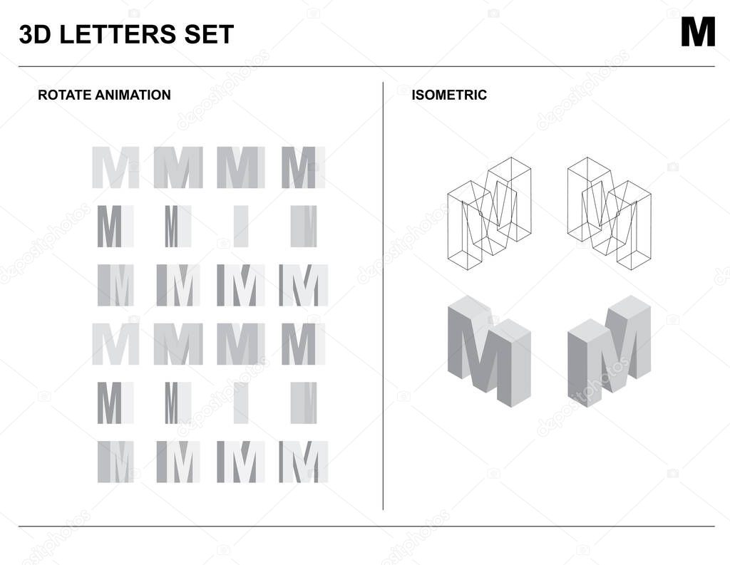 3d M Alphabet Letters Set Animate Isometric Wireframe Vector