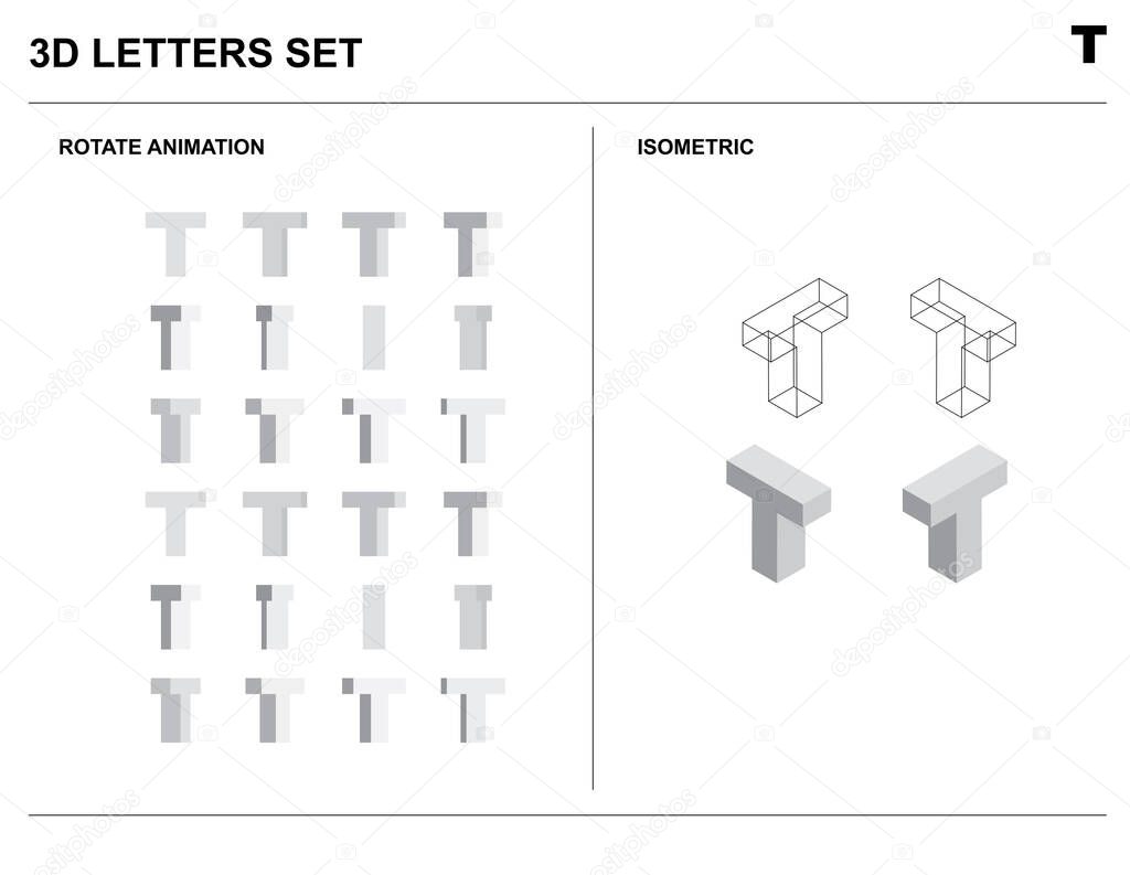 3d T Alphabet Letters Set Animate Isometric Wireframe Vector