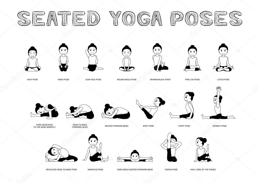 Yoga Seated Poses Vector Illustration Monochrome